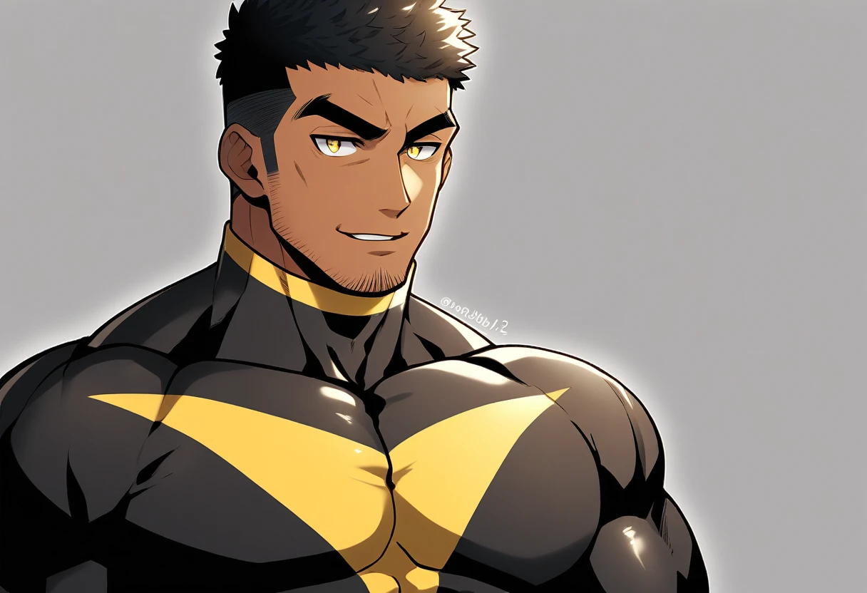 anime characters：Tights superhero, Muscle superhero, negro black skin, 1 dark skin muscular tough guy, Manliness, male focus, Yellow and black striped high collar long sleeve tight T-shirt, Slightly transparent material, Very tight, Round, full and perky chest muscles,Male dog waist,Slightly transparent, muscular male, muscular, only, Upper body, alone, Black short hair, Thick eyebrows, stubble, Yellow eyes, Grey background, simple background, amazing quality, best aesthetics, Ridiculous, bright pupils, crew cut, parted lips, seductive smile, torogao, naughty face, drop shadow, best quality