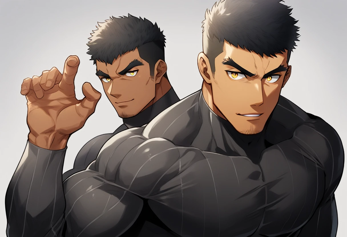 anime characters:Tights superhero, Muscle superhero, negro black skin, 1 dark skin muscular tough guy, Manliness, male focus, Yellow and black striped high collar long sleeve tight T-shirt, Slightly transparent material, Very tight, Round, full and perky chest muscles,Male dog waist,Slightly transparent, muscular male, muscular, only, Upper body, alone, Black short hair, Thick eyebrows, stubble, Yellow eyes, Grey background, simple background, amazing quality, best aesthetics, Ridiculous, bright pupils, crew cut, parted lips, seductive smile, torogao, naughty face, drop shadow, best quality