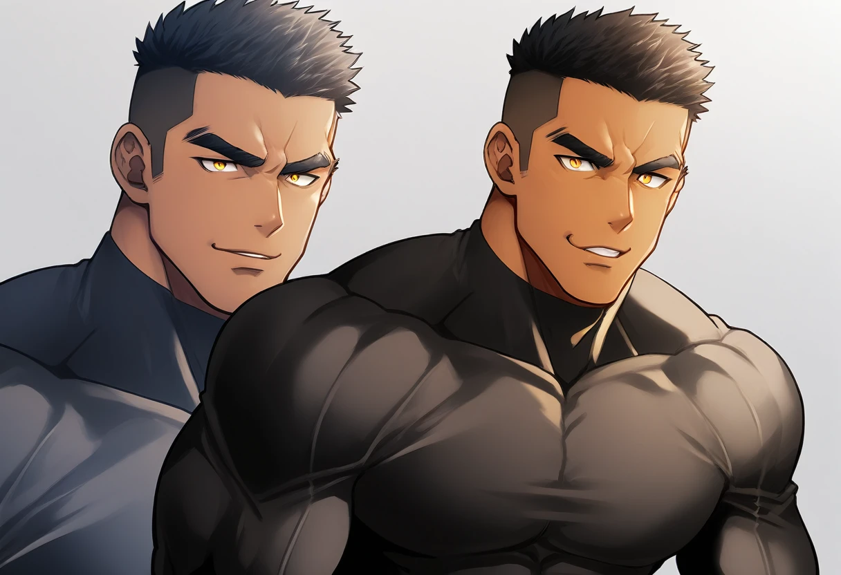 anime characters：Tights superhero, Muscle superhero, negro black skin, 1 dark skin muscular tough guy, Manliness, male focus, Yellow and black striped high collar long sleeve tight T-shirt, Slightly transparent material, Very tight, Round, full and perky chest muscles,Male dog waist,Slightly transparent, muscular male, muscular, only, Upper body, alone, Black short hair, Thick eyebrows, stubble, Yellow eyes, Grey background, simple background, amazing quality, best aesthetics, Ridiculous, bright pupils, crew cut, parted lips, seductive smile, torogao, naughty face, drop shadow, best quality
