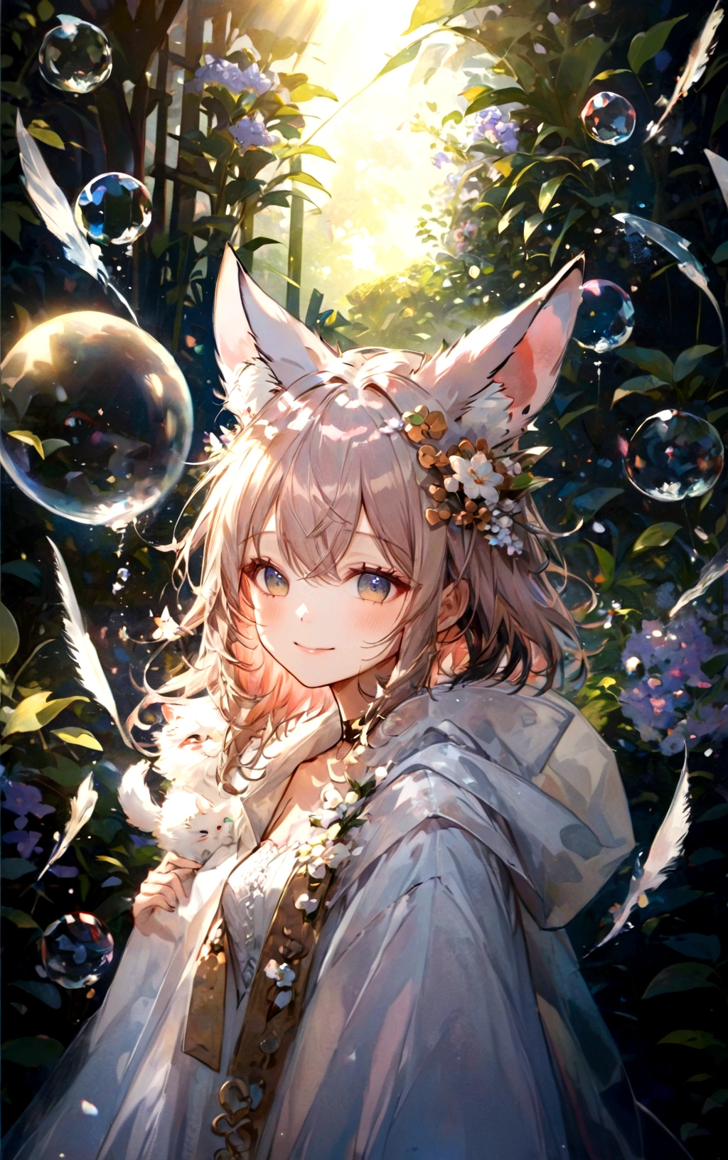 there is a smiling woman with a cat ears and a white dress, artwork in the style of guweiz, fantasy art style, girl with fox ears, guweiz on pixiv artstation, guweiz on artstation pixiv, very beautiful smiling cute catgirl, guweiz, beautiful anime smiling catgirl, anime fantasy illustration, fluffy fox ears