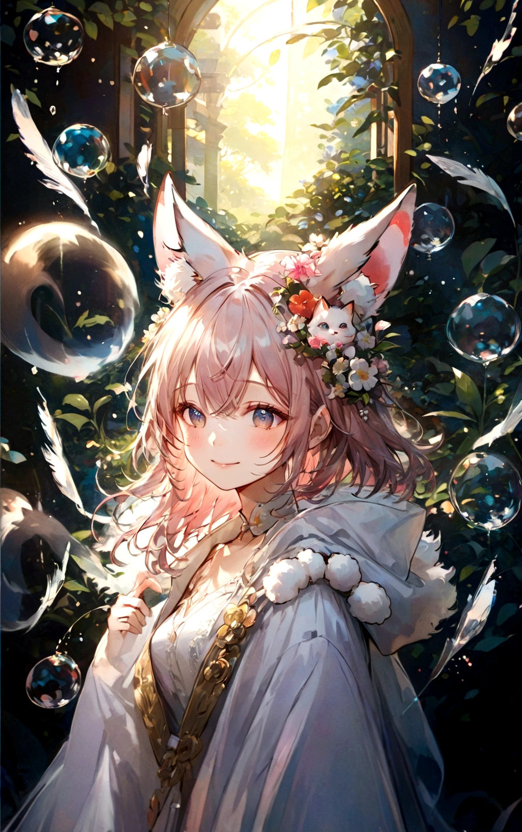 there is a smiling woman with a cat ears and a white dress, artwork in the style of guweiz, fantasy art style, girl with fox ears, guweiz on pixiv artstation, guweiz on artstation pixiv, very beautiful smiling cute catgirl, guweiz, beautiful anime smiling catgirl, anime fantasy illustration, fluffy fox ears