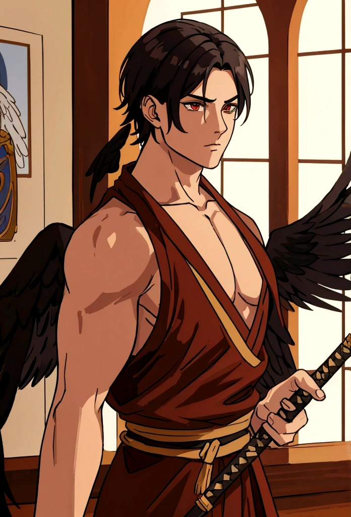Brown Aasimar male, Monk with black hair and martial weapons and black wings