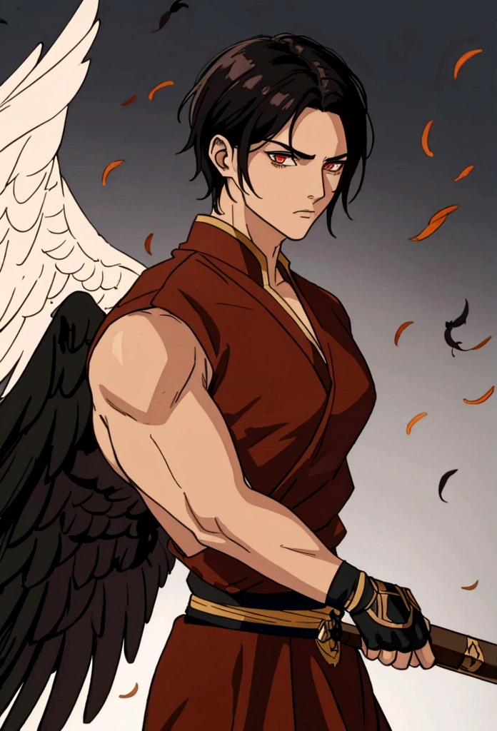Brown Aasimar male, Monk with black hair and martial weapons and black wings