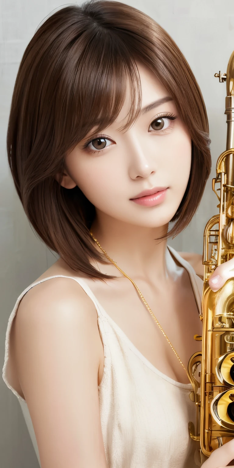 masterpiece、highest quality、High resolution、table top、wallpaper、realistic、bright lighting、professional lighting、face light、smooth lighting、japanese woman、adult、Beautiful woman、acted、gravure、sexy、poor、super beautiful、beautiful skin、beautiful and detailed eyes、detailed face、slim、medium、short hair、brunette colored hair、brown eyes、look at the camera、have a saxophone