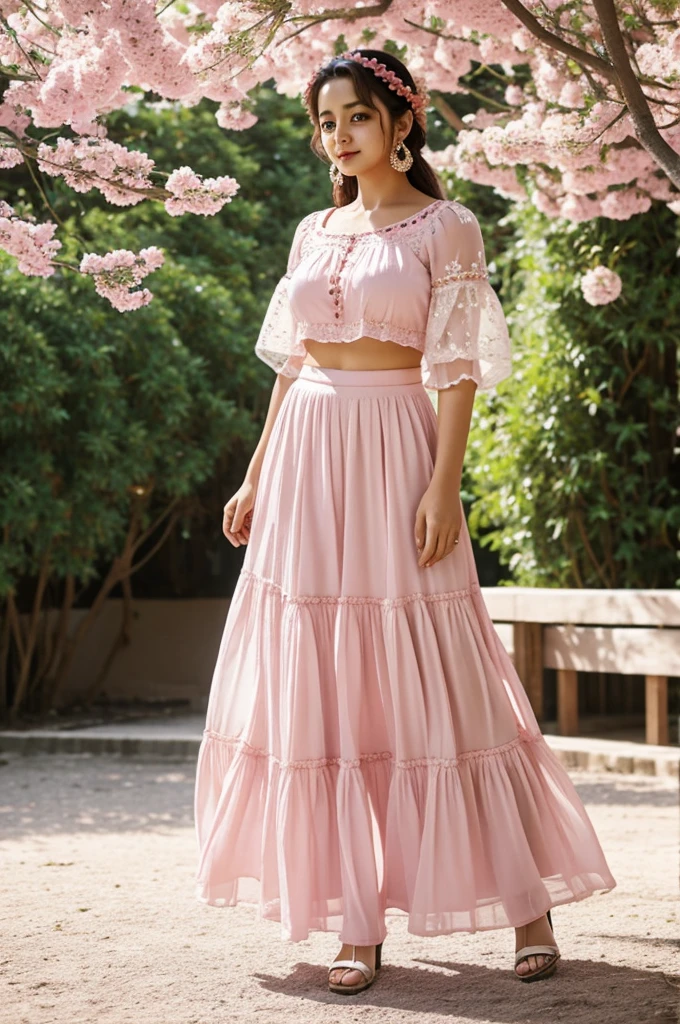 Jihyo dressed as a gypsy, with a top with sleeves and a semi transparent skirt, pale pink