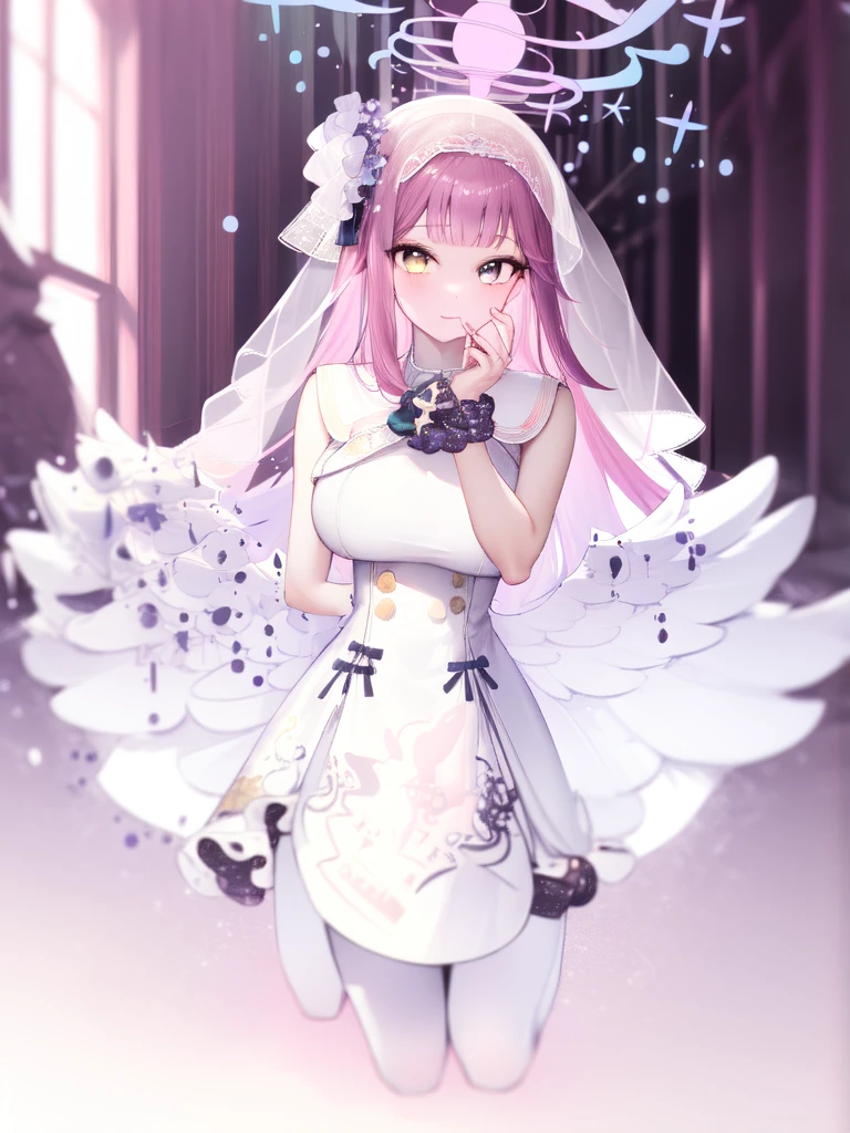 A girl，Long hair, Bangs, Pink Hair, Hair between the eyes, s eyes:（1.5),  (Large Breasts:1.2), 
rest  锁骨, Wedding dress，veil，wedding，White Dress，Flowers，The skirt is broken，White socks，Tights，White knee socks，
Looking at the audience, whole body,
indoors, church，permanent，permanent，
rest (masterpiece:1.2), best quality, high resolution, Unity 8K wallpaper, (illustration:0.8), (美丽细致s eyes:1.6), Extremely detailed face, Perfect lighting, Extremely detailed CG, (Perfect hands, Perfect anatomical structure),