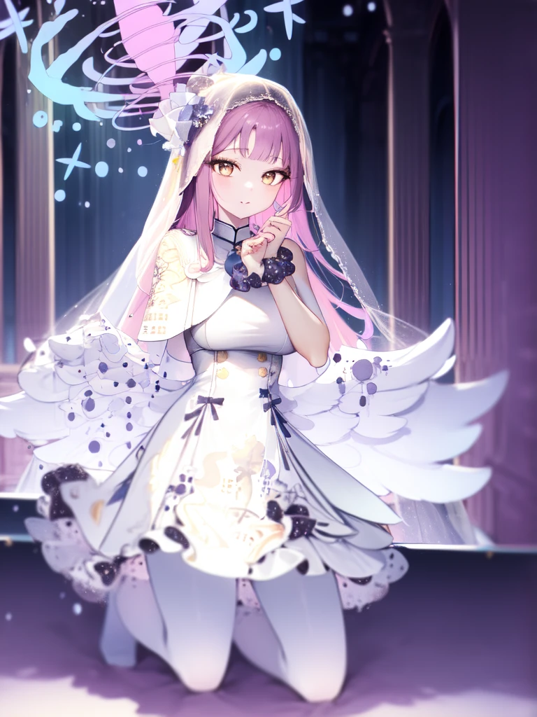 A girl，Long hair, Bangs, Pink Hair, Hair between the eyes, s eyes:（1.5),  (Large Breasts:1.2), 
rest  锁骨, Wedding dress，veil，wedding，White Dress，Flowers，The skirt is broken，White socks，Tights，White knee socks，
Looking at the audience, whole body,
indoors, church，permanent，permanent，
rest (masterpiece:1.2), best quality, high resolution, Unity 8K wallpaper, (illustration:0.8), (美丽细致s eyes:1.6), Extremely detailed face, Perfect lighting, Extremely detailed CG, (Perfect hands, Perfect anatomical structure),