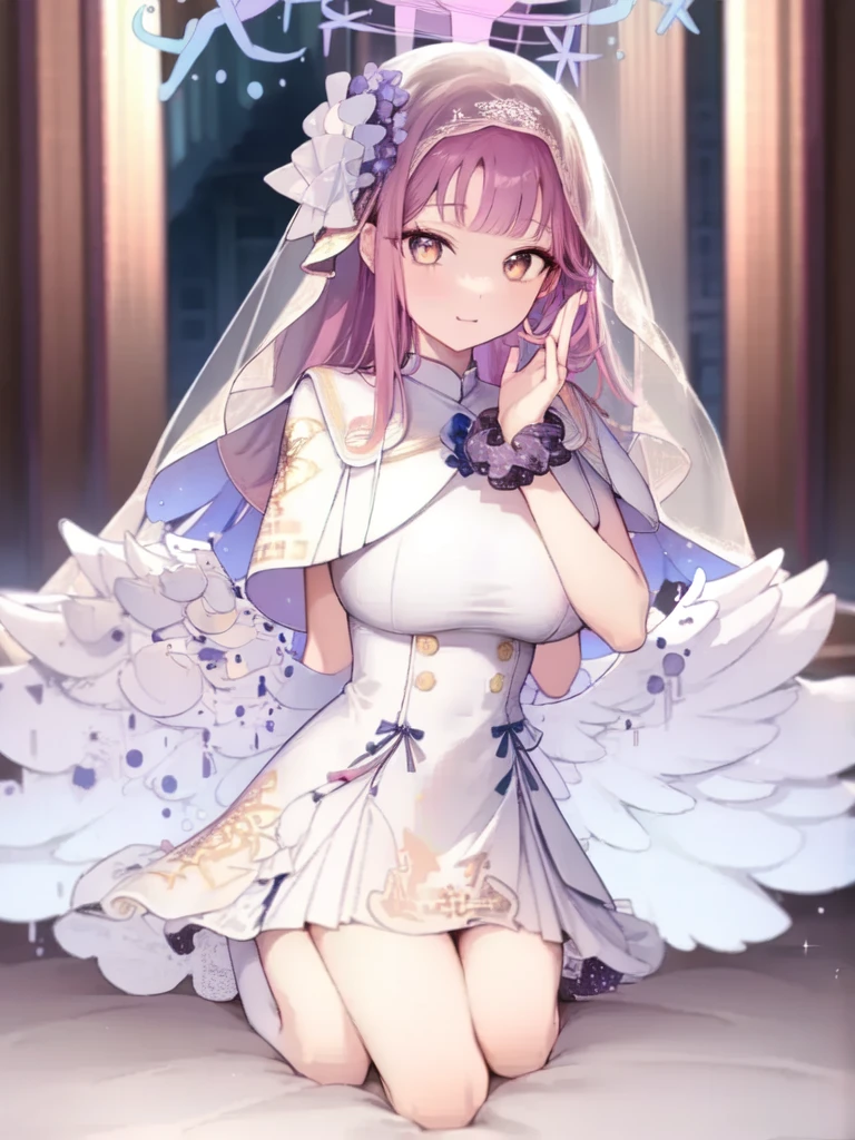 A girl，Long hair, Bangs, Pink Hair, Hair between the eyes, s eyes:（1.5),  (Large Breasts:1.2), 
rest  锁骨, Wedding dress，veil，wedding，White Dress，Flowers，The skirt is broken，White socks，Tights，White knee socks，
Looking at the audience, whole body,
indoors, church，permanent，permanent，
rest (masterpiece:1.2), best quality, high resolution, Unity 8K wallpaper, (illustration:0.8), (美丽细致s eyes:1.6), Extremely detailed face, Perfect lighting, Extremely detailed CG, (Perfect hands, Perfect anatomical structure),