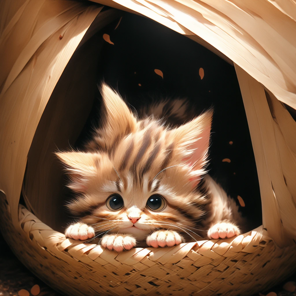 Brown tabby kitten、Long beard、Peeking out from a hole