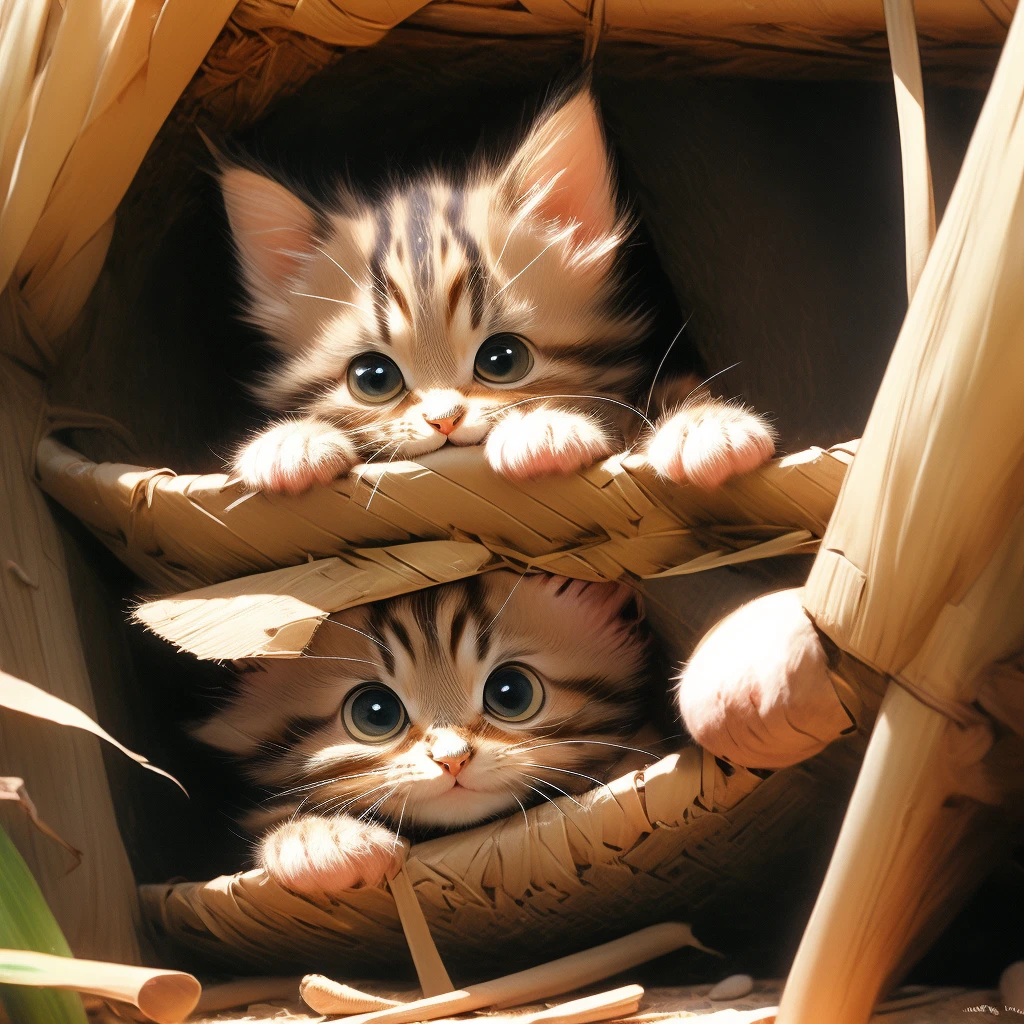 Brown tabby kitten、Long beard、Peeking out from a hole