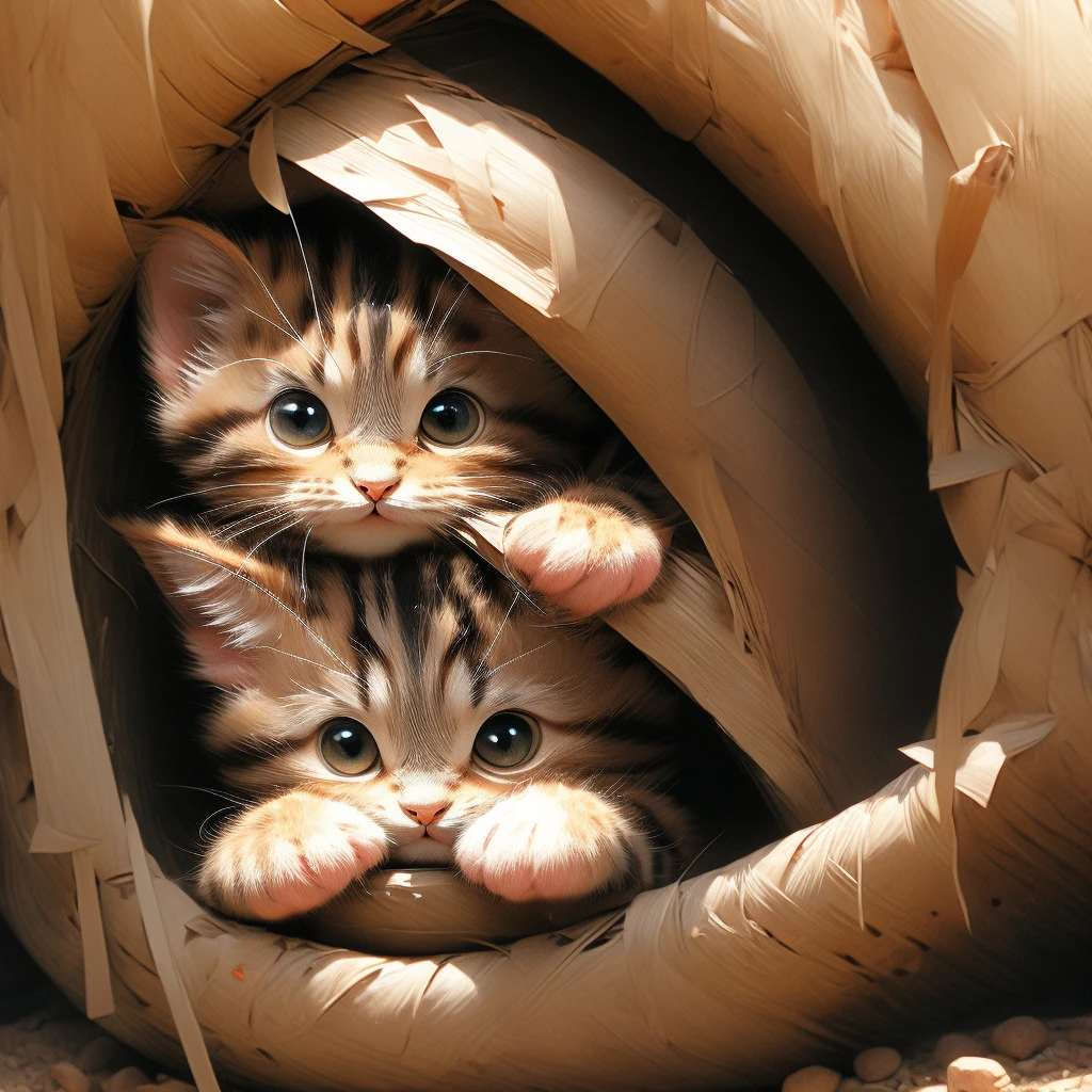 Brown tabby kitten、Long beard、Peeking out from a hole