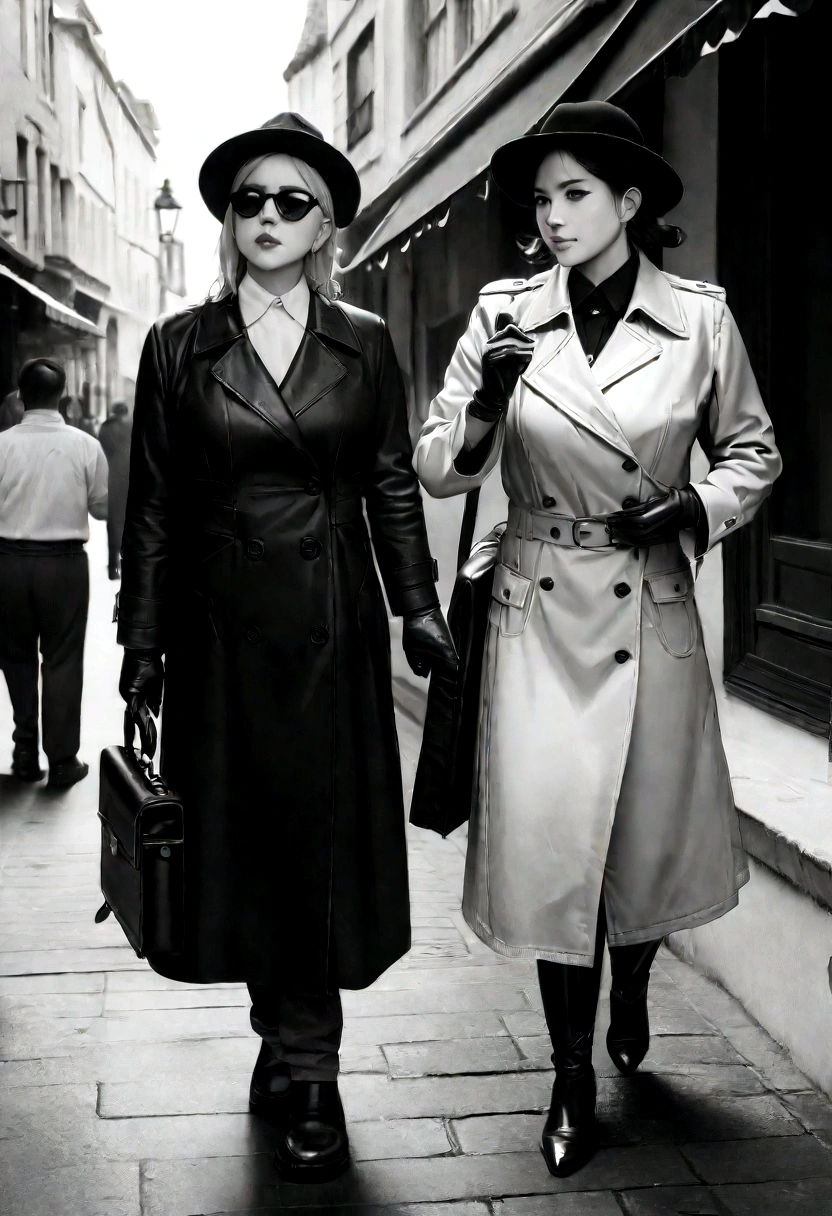 ((masterpiece, highest quality, Highest image quality, High resolution, photorealistic, Raw photo, 8K)), ((Extremely detailed CG unified 8k wallpaper)), ((monochrome)), Screenshot from an old black and white movie, two women having a secret conversation on a street corner, wearing black hats, black sunglasses, black trench coats, black gloves, black shoes, holding an attache case and newspaper in one hand, HD,
