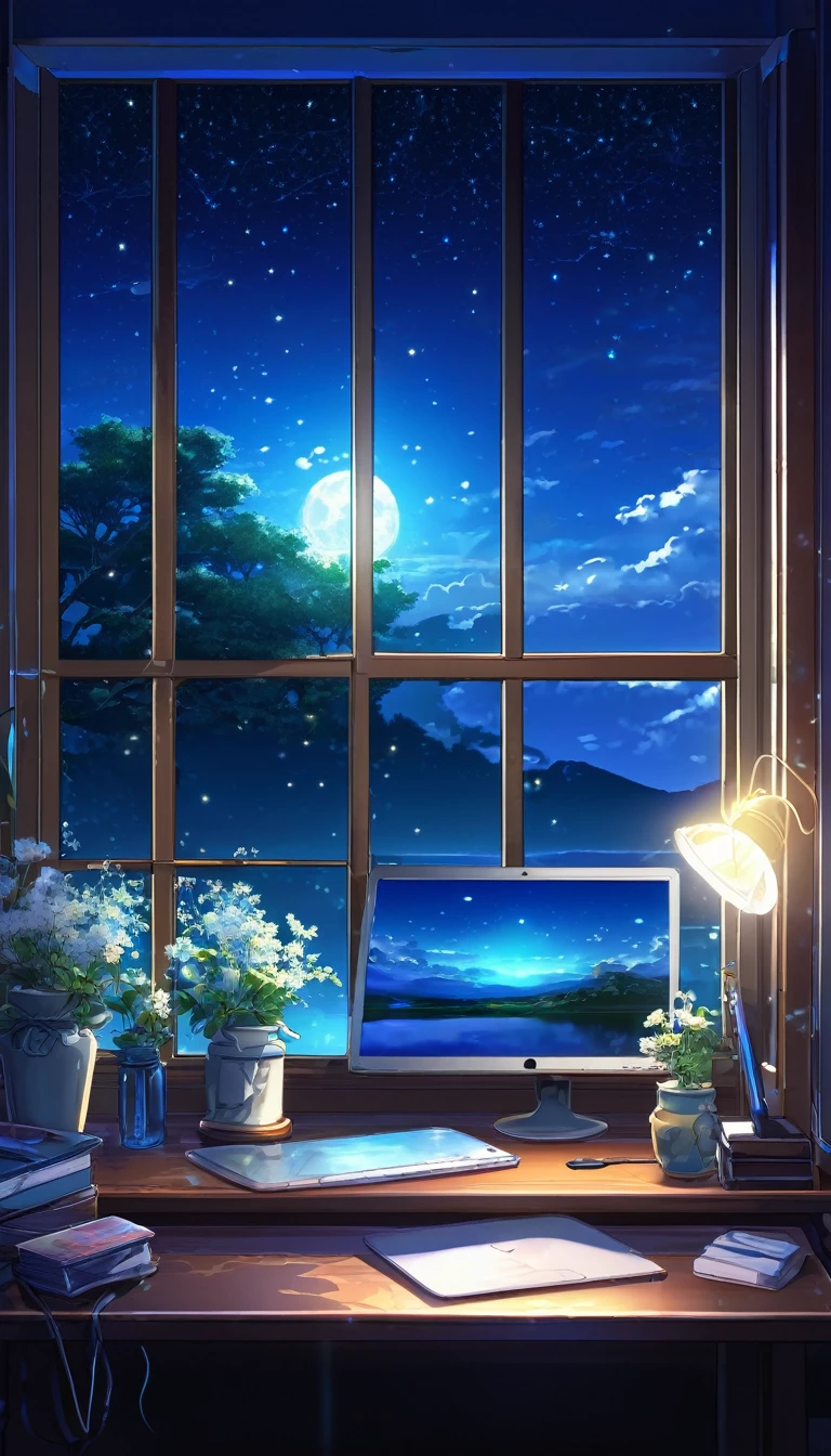 A tranquil scene unfolds in a magical laboratory setting..: A laptop with a glowing screen sits on a desk next to a large window, Showcasing a serene moonlit landscape. Blue neon lights gently illuminate the white flowers next to the tablet and PC monitor.. Vocal mic and headphones、It suggests that creativity resonates in the air... Anime style digital painting, Winner of pixiv contest, Create a cozy atmosphere, Enchanting atmosphere, A work that combines mystical realism with the charm of fairy tales.、Captivate the audience.