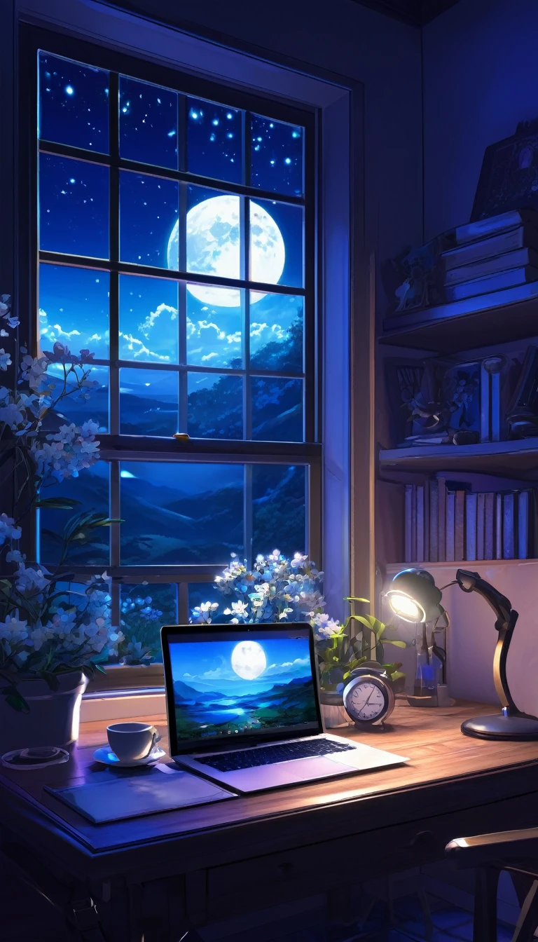 A tranquil scene unfolds in a magical laboratory setting..: A laptop with a glowing screen sits on a desk next to a large window, Showcasing a serene moonlit landscape. Blue neon lights gently illuminate the white flowers next to the tablet and PC monitor.. Vocal mic and headphones、It suggests that creativity resonates in the air... Anime style digital painting, Winner of pixiv contest, Create a cozy atmosphere, Enchanting atmosphere, A work that combines mystical realism with the charm of fairy tales.、Captivate the audience.
