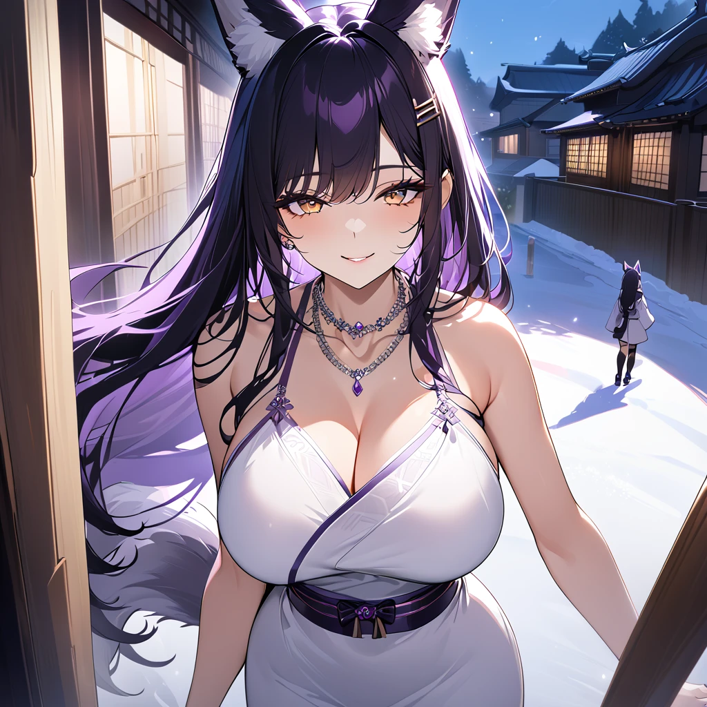 A woman wearing a luxurious white dress with dark purple details, purple heels, large breasts, exposed shoulders, dark purple hair, long hair, kitsune ears, kitsune tails, multi tails, dark purple tails, yellow eyes, smiling, close view, silver necklace on neck, hair clip on head, walking outside a traditional Japanese house, standing, night place with lighting, standing posture on ice rink, ultra resolution, clear, masterpiece, 8K HD (women solo)
