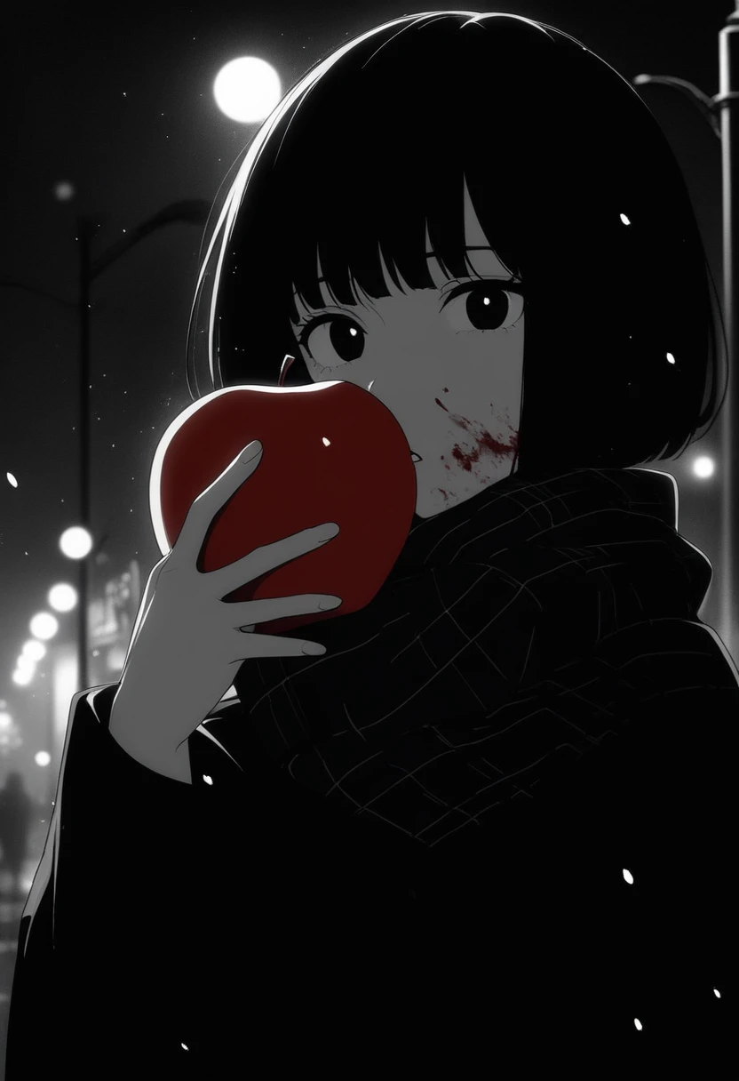 masterpiece, best quality, 1girl, momose_(oqo) official art, grayscale, manga style, japanese, chi no wadachi, black eyes, glowing white pupils, street, iced, black hair, schoolbag, lineart, looking at viewer, blood on face, black coat, black scarf, 35 years old, mature_female:1, tall, fair skinned, bokeh background, bob cut, light particles, centered, snowing, emotional anime scene, official wallpaper scenery:1.1, (very aesthetic, best quality, ultra detailed), intricate details, red and blue lights flashing, cool, soleless, emotionless, tired, taking a bite out of a shiny red apple, eating apple, holding apple to lips, holding, street lamp, surrounded by darkness, stars in the sky, biting, full shot
