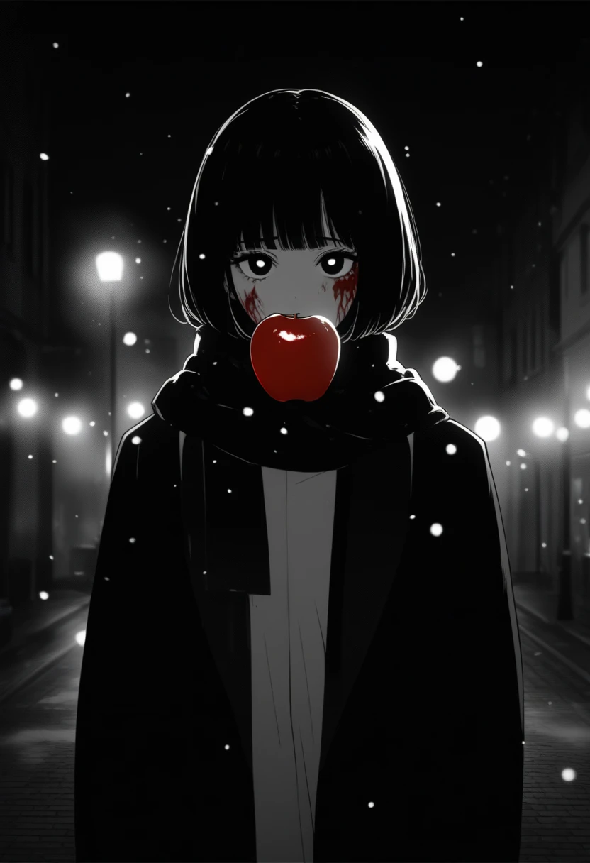 masterpiece, best quality, 1girl, momose_(oqo) official art, grayscale, manga style, japanese, chi no wadachi, black eyes, glowing white pupils, street, iced, black hair, schoolbag, lineart, looking at viewer, blood on face, black coat, black scarf, 35 years old, mature_female:1, tall, fair skinned, bokeh background, bob cut, light particles, centered, snowing, emotional anime scene, official wallpaper scenery:1.1, (very aesthetic, best quality, ultra detailed), intricate details, red and blue lights flashing, cool, soleless, emotionless, tired, taking a bite out of a shiny red apple, eating apple, holding apple to lips, holding, street lamp, surrounded by darkness, stars in the sky, biting, full shot
