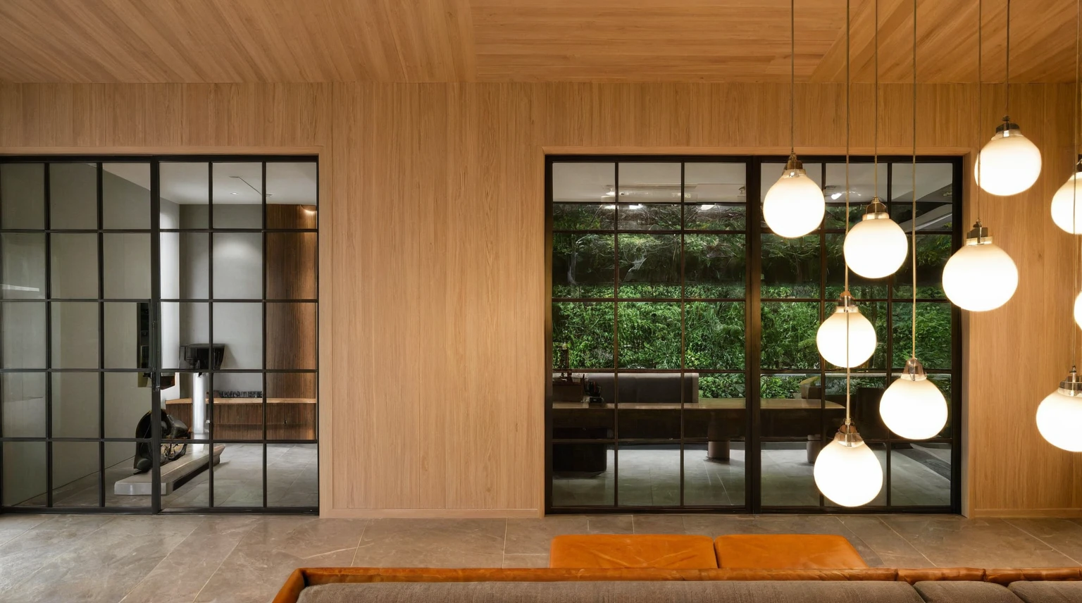 Raw photo, Masterpiece, high quality, best quality, authentic, super detail, interior, indoors, style modern, minimalist line, wooden, oak wood, led light, beige paint wall, sofa, daylight, atrium, LIVING ROOM, PEN HOUSE, kitchen, island kitchen, alu window, japan style, wasabi style, Jen style, steel stair,