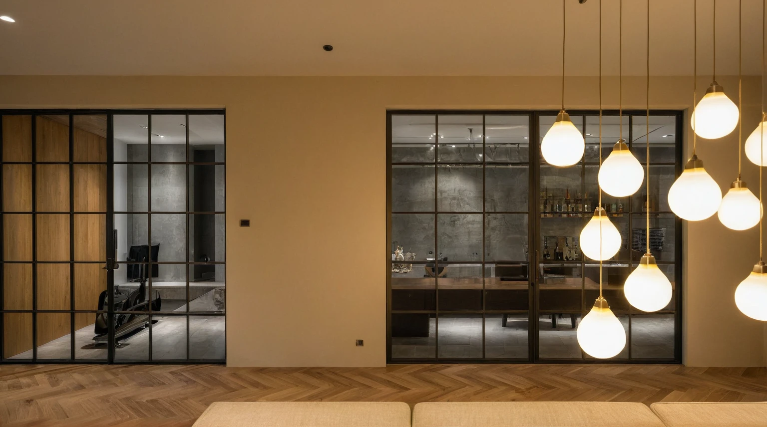 Raw photo, Masterpiece, high quality, best quality, authentic, super detail, interior, indoors, style modern, minimalist line, wooden, oak wood, led light, beige paint wall, sofa, daylight, atrium, LIVING ROOM, PEN HOUSE, kitchen, island kitchen, alu window, japan style, wasabi style, Jen style, steel stair,