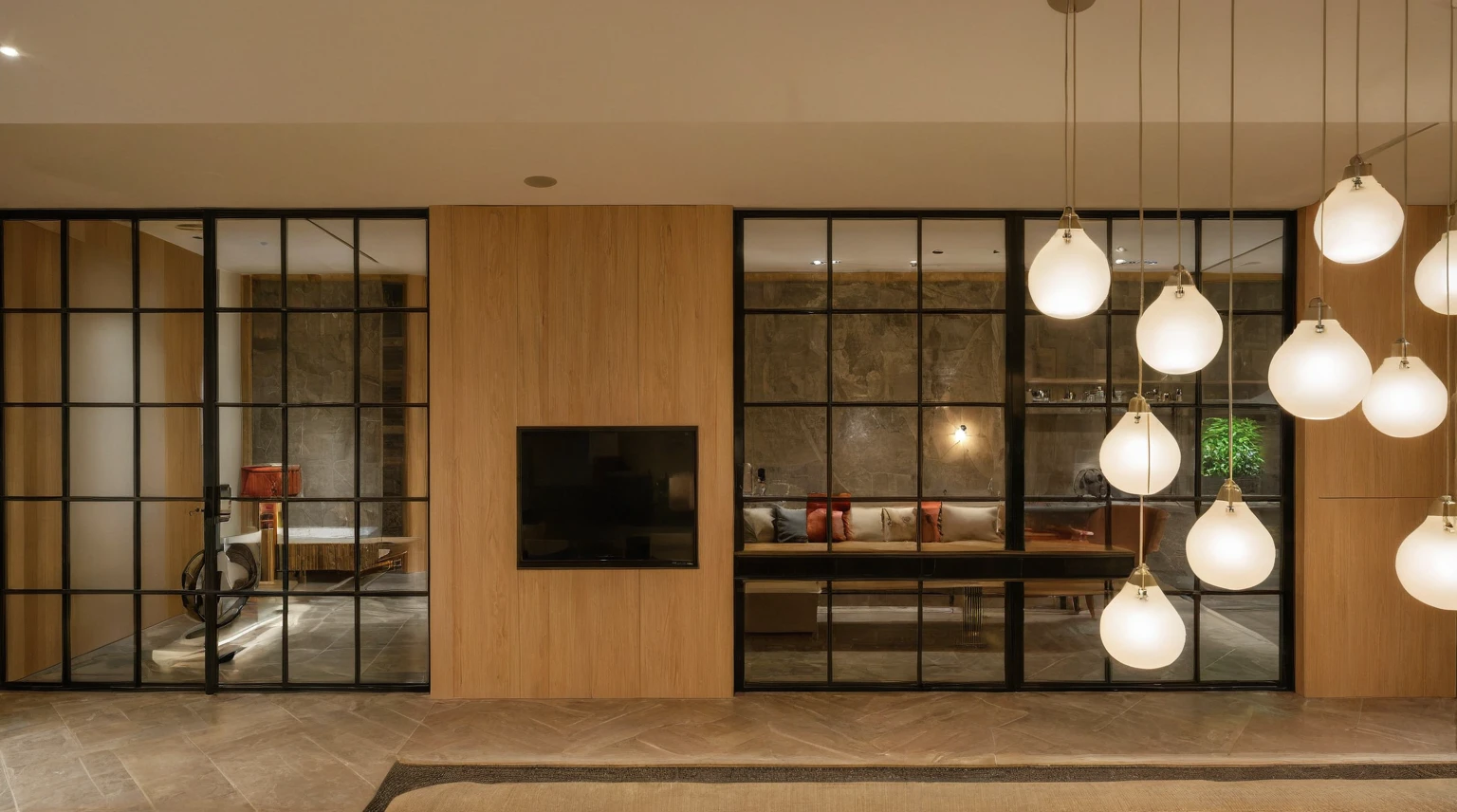 Raw photo, Masterpiece, high quality, best quality, authentic, super detail, interior, indoors,  style modern, minimalist line, wooden, oak wood, led light, beige paint wall, sofa, daylight, atrium, LIVING ROOM, PEN HOUSE, kitchen, island kitchen, alu window, japan style, wasabi style, Jen style, steel stair, 