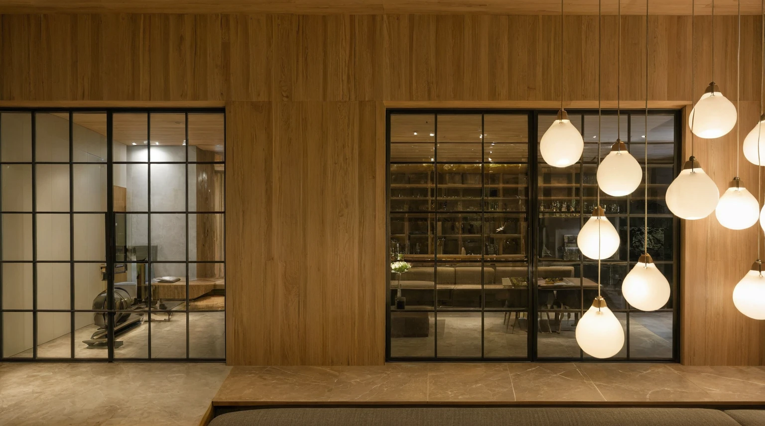 Raw photo, Masterpiece, high quality, best quality, authentic, super detail, interior, indoors, style modern, minimalist line, wooden, oak wood, led light, beige paint wall, sofa, daylight, atrium, LIVING ROOM, PEN HOUSE, kitchen, island kitchen, alu window, japan style, wasabi style, Jen style, steel stair,