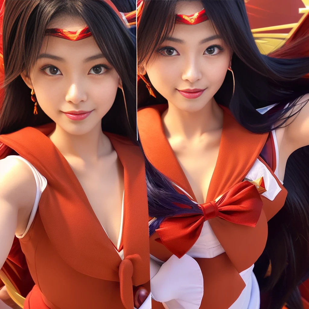 Highest quality,masterpiece,Very detailed, 8K,Beautiful Japan woman at 26 years old:1.5, Small face, (Detailed glamorous red Sailor Mars costume:1.5), Breast Augmentation Surgery, Very detailedな臭い脇の下、 Dynamic Angle