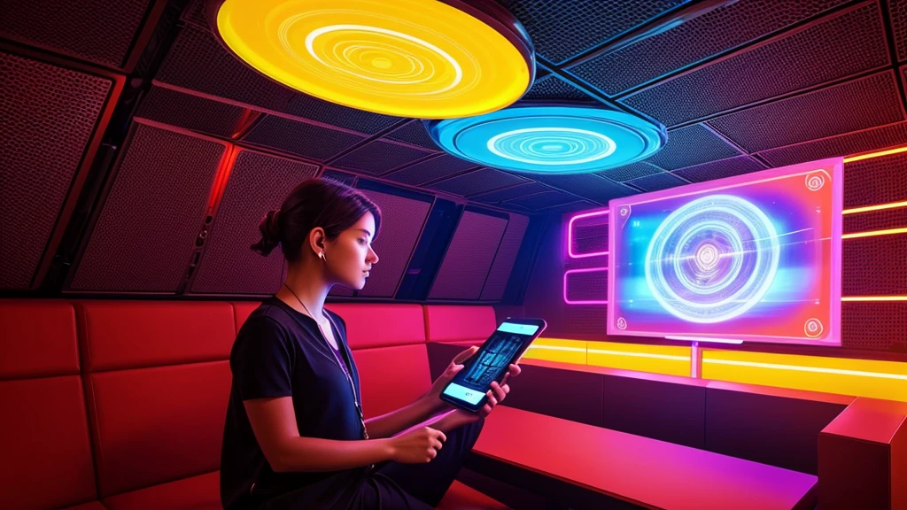 The backdrop is a digital interface resembling a high-tech library filled with glowing, translucent books hovering in mid-air. In the foreground, a digital avatar of a person is interacting with a holographic display projected from a smartphone. The display showcases the Audible app interface with dynamic visual representations of audiobook covers and immersive sound waves emanating from the device. The atmosphere is vibrant with neon reds and yellows, giving a sense of technological sophistication and the future of reading experiences.
This image prompt aims to convey a sense of innovation and excitement around the Audible app, using futuristic elements to capture viewers' attention and intrigue about the review of this digital reading platform.