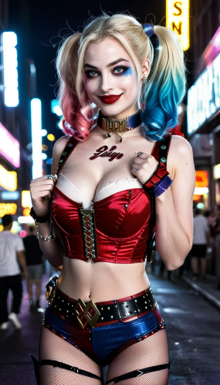 Create a realistic image of a woman, (DD cup breasts), athletic build, hourglass figure, dressed as a Harley Quinn-inspired character, psychotic smile. She has blonde hair styled in two pigtails, with the ends dyed red and blue. She wears a red and black corset top with lace-up detailing, red shorts, and a choker necklace. She has amazing legs. Her makeup includes bold eye colors matching her hair and a small heart on her cheek. The background is a vibrant city street at night, with neon lights and a bustling crowd of people. The overall atmosphere is edgy and dynamic, capturing a playful yet mischievous vibe. (Wide angle distant full body view from behind:1.6). Hyper realistic photo, vibrant colors, 16k
