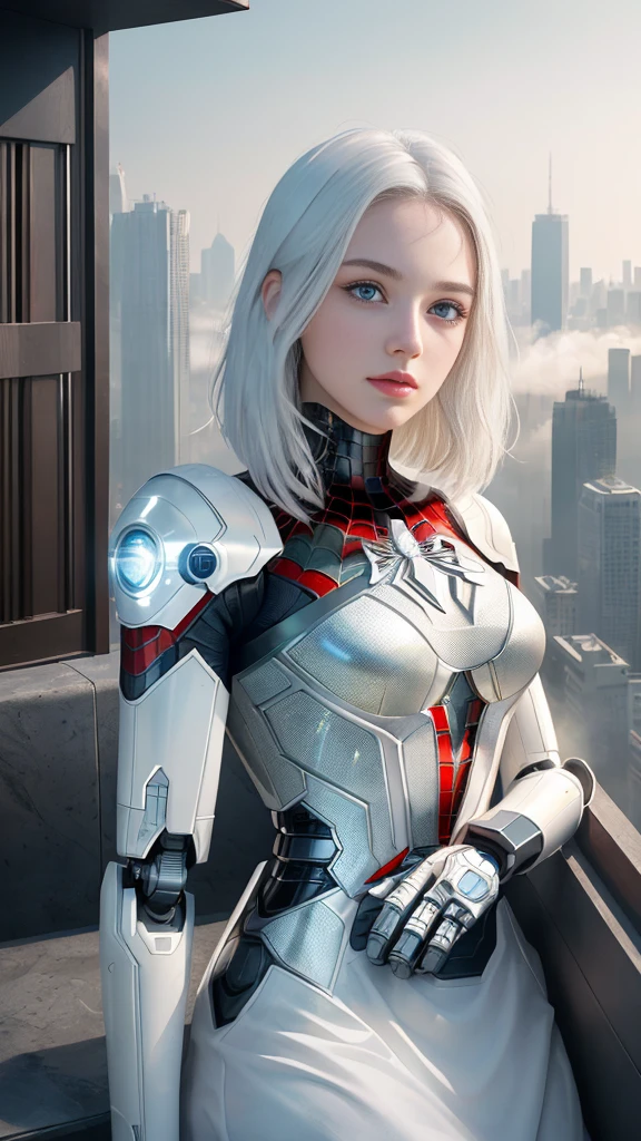(1 girl:1.3), Alone, (((Very detailed face)))), ((Very detailed eyes and face.)))), beautifuls detalles ojos, body parts__, Official Art, unified 8k wallpaper, super detailed, beautiful and beautiful, beautiful, Masterpiece, Best Quality, Original, Masterpiece, super fine photo, Best Quality, super high resolution, realistic realism, sunlight, Full length portrait, extraordinary beauty, dynamic pose, delicate face, vibrant eyes, (FROM THE FRONT), He wears a Spider-Man suit., red and black color scheme, spider, fondo muy detallado del Ceiling de la ciudad, Ceiling, with city views, detailed face, detailed complex busy background, disordered, gorgeous, milky white, very detailed skin, realistic skin details, visible pores, clear focus, volumetric fog, 8k hd, DSLR, high quality, film grain, White skin, photographic realism, lomography, Futuristic dystopian megalopolis, translucent, eyes looking at the camera, Big , short hair,white hair ,full body,mecha,cyborg,robotic,long hair
