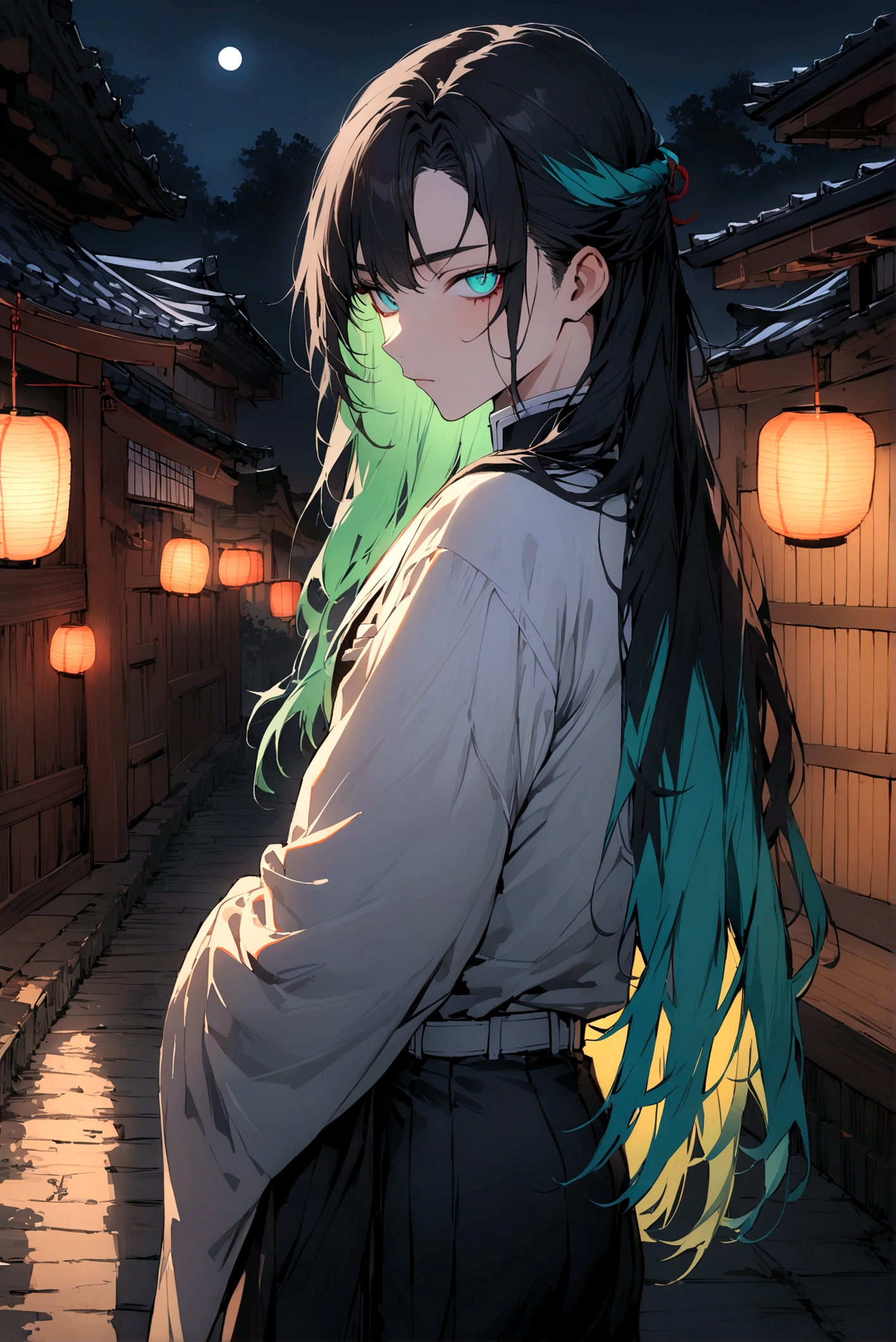 masterpiece, Highest quality, (One boy:1), Demon Slayer uniform, alone, Long Hair, View your viewers, bangs, Black Hair, Aqua Eye, Multicolored Hair, come_Muichiro, arms , Male Focus, pants, Japan Village Background, at night, Moonlight,  