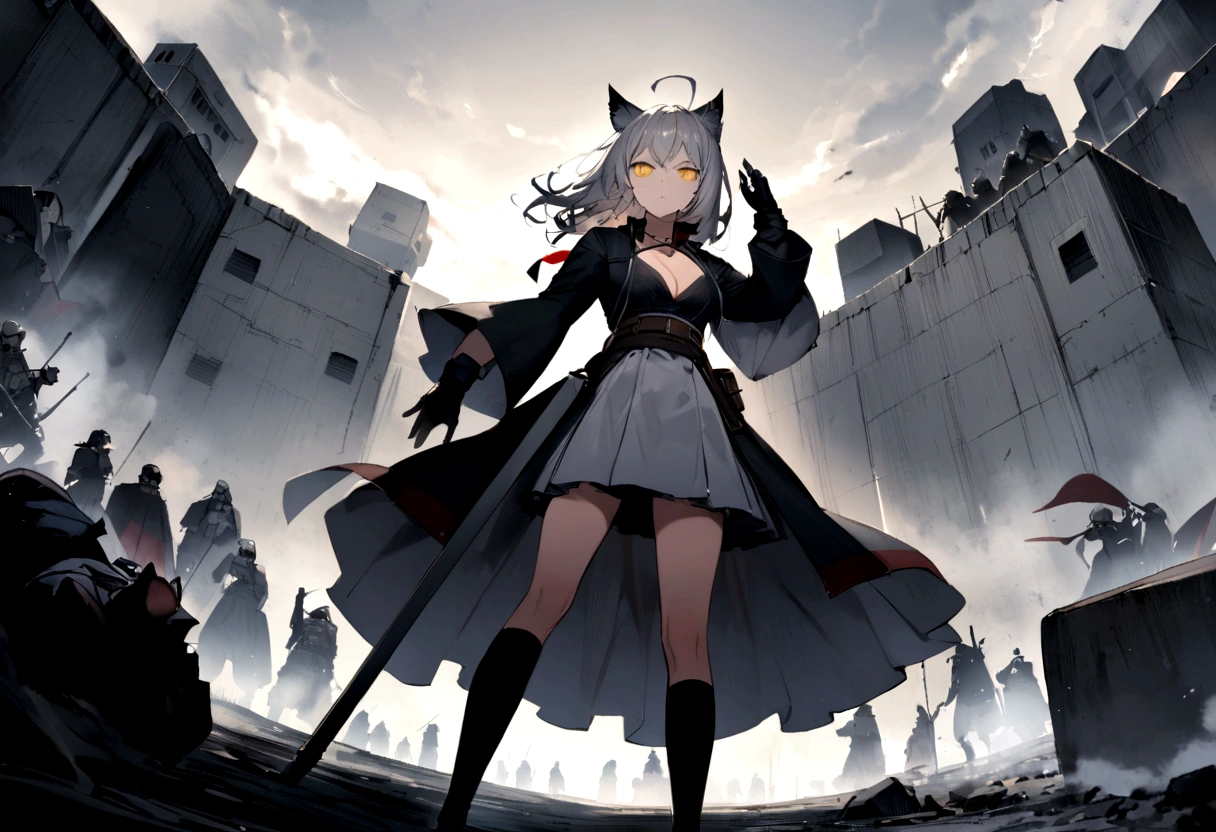 wireless機に語りかける、wirelessを顔に、wireless、Dynamic Angles、Raising the German flag、Suspicious Gathering、Surrounded by enemies、(masterpiece, best quality:1.2), 1girl, 独奏、Gray cat ears、Grey long hair、Ahoge、Yellow Eyes、Gray cat ears、Background of military bases、Fisheye Lens、battlefield、Shadows of light and darkness、Expressionless、Grim face、battle、Black High Knee Socks、Cleavage、