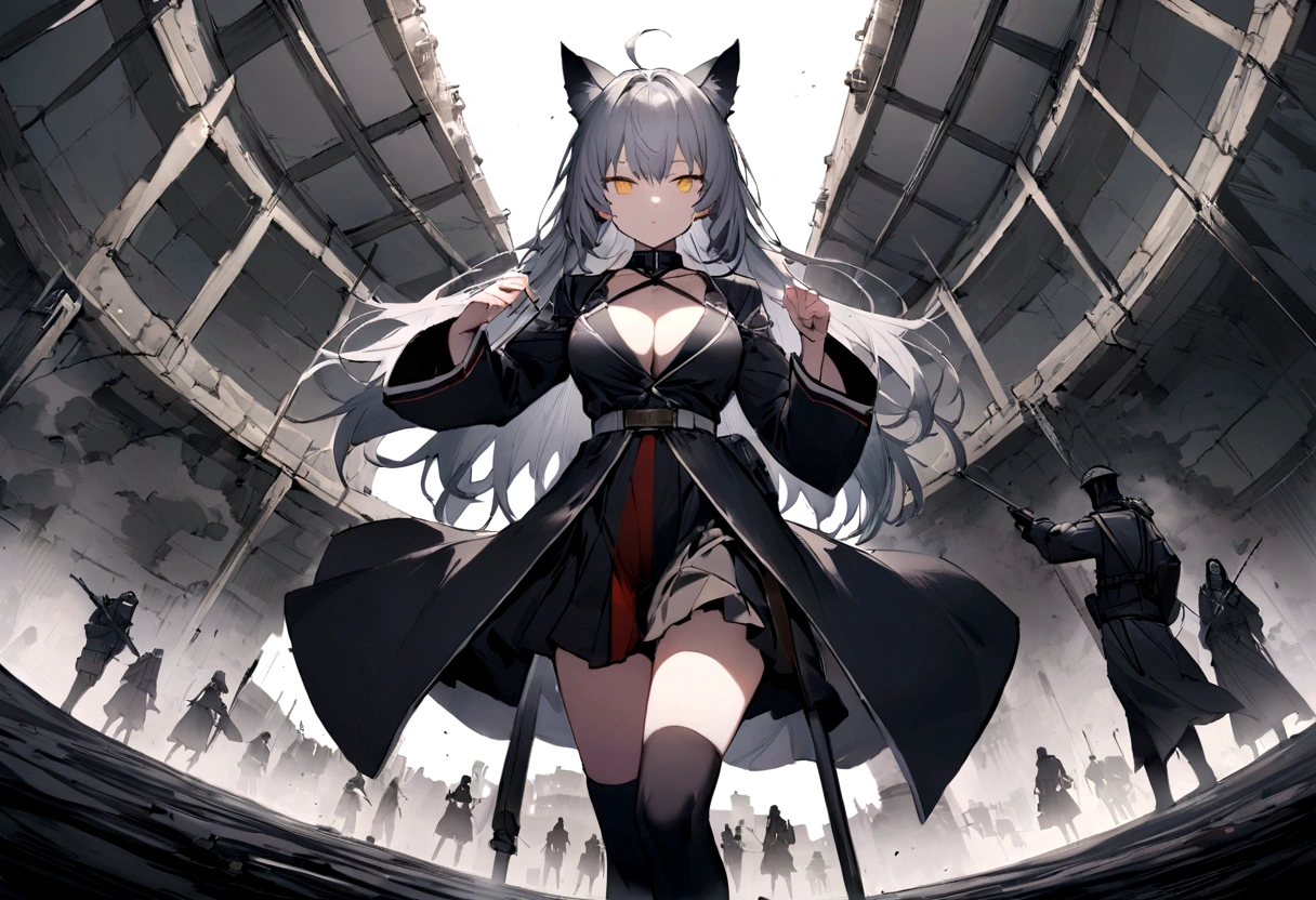 wireless機に語りかける、wirelessを顔に、wireless、Dynamic Angles、Raising the German flag、Suspicious Gathering、Surrounded by enemies、(masterpiece, best quality:1.2), 1girl, 独奏、Gray cat ears、Grey long hair、Ahoge、Yellow Eyes、Gray cat ears、Background of military bases、Fisheye Lens、battlefield、Shadows of light and darkness、Expressionless、Grim face、battle、Black High Knee Socks、Cleavage、