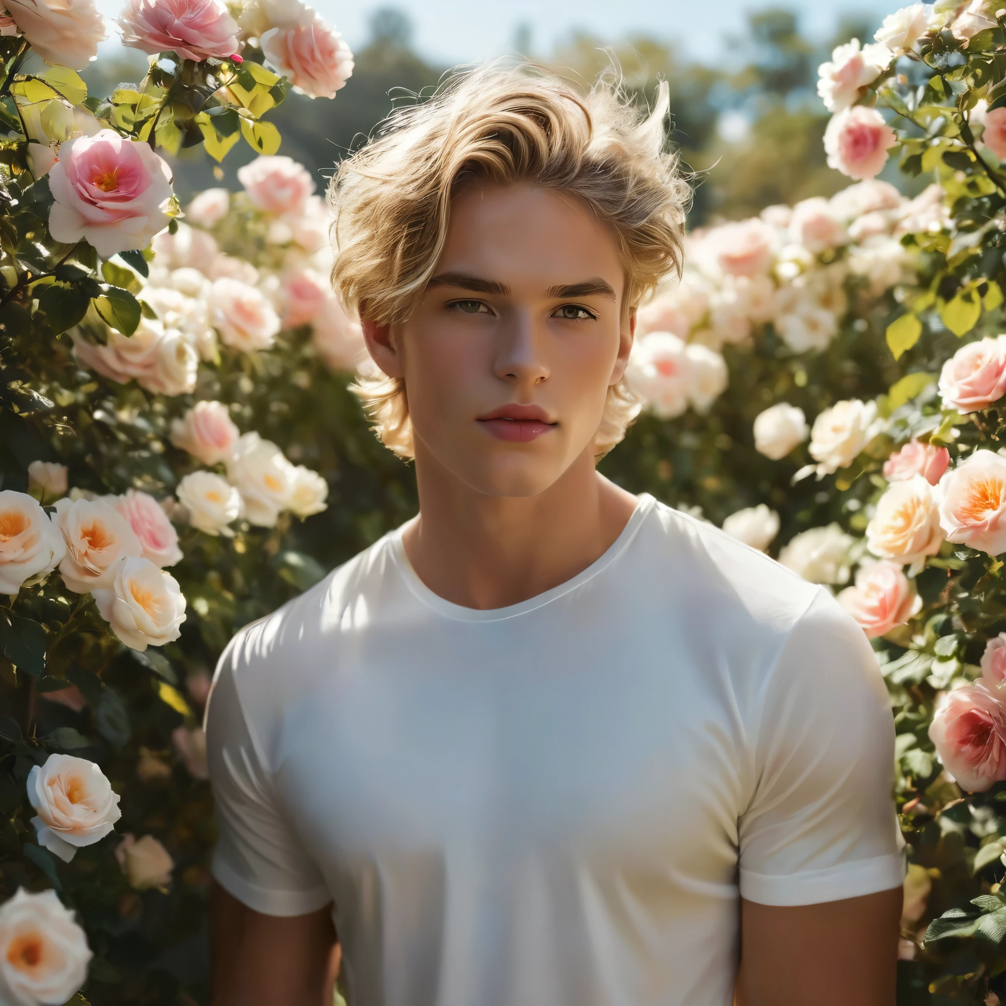 Behold a fashion editorial photo shoot featuring a photogenic and charming 26 year old male supermodel, mixed of Reece Anthony King and Lucky Blue smith, a symmetric young face adorned with natural blemishes and freckles:0.15, he boasts buzz-cut hair, and a natural pale skin tone that embodies youthfulness and athleticism, skinny and lean body, pretty cute, Exuding a unique sexy allure with his exotic look, in a David Austin Rose gardens adorned with wild colorful roses flowers, white shirt, ((wearing white Jockstrap with thick cock line)), bulge focus, the focus subtly directed towards it. stand over the camera perspective, interesting dynamic view from below, amazing composition, HDR, volumetric lighting, ultra quality, elegant, highly detailed, masterpiece, best quality, high resolution, Against the backdrop of vibrant greenery, he is captured in a full-body pose, emphasizing his captivating presence and the intricate details of the surroundings. The photograph is taken with a Canon EOS R6 camera using an 85mm f/1.8 lens at an f/2.2 aperture, utilizing natural light. Employing three-point lighting and incorporating 3D animation shadows enhances his features and adds depth to the composition. The careful layering and arrangement of his body parts and surrounding objects ensure a flawless composition. This masterpiece celebrates the beauty of the male form and invites viewers to immerse themselves in a world of sophistication and charm. The seductive lighting and intricate details, combined with a dramatic composition, invite viewers to revel in the essence of a fun-filled day, brimming with joy and relaxation. Attention is meticulously paid to the layers and arrangement of his body parts and surrounding objects, ensuring correct body structure and photo distance. The romantic atmosphere, paired with a lively and extremely gorgeous background, enhances the overall allure of this exquisite image