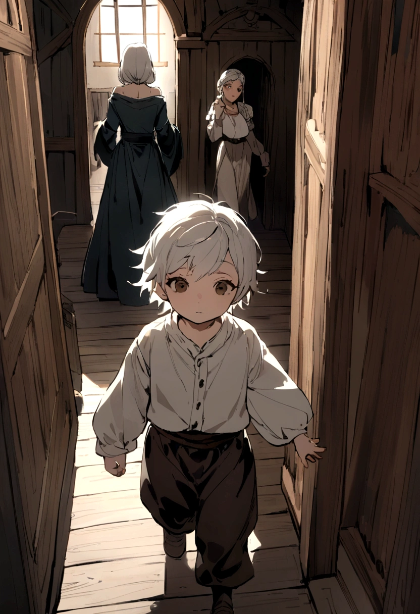 2 boy, with silver hair looking até the lens , walking into a room of your medieval house, and his mother, a young woman with white hair, looking at him from the background, looking at the user, lens