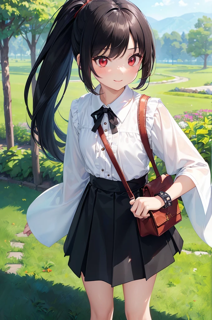 (masterpiece; best quality: 1.2), (finely detailed eyes: 1.3), ((10 year old female kid)), ((solo)), (red eyes: 1.4), (body; short, slender: 1.3), (black hair in ponytail: 1.3), (beautiful and clear background: 1.2), ((depth of field)), (clothes: wanderer mage attire + white wide-sleeve shirt + ankle-long black skirt + traveler pouches and satchel: 1.3), (anime illustration: 1.2), (background; garden exterior: 1.1), (extremely fine and beautiful: 1.1), (shot composition; standing + centered on torso + close-up: 1.5), (expression; calm, smile: 1.2)
