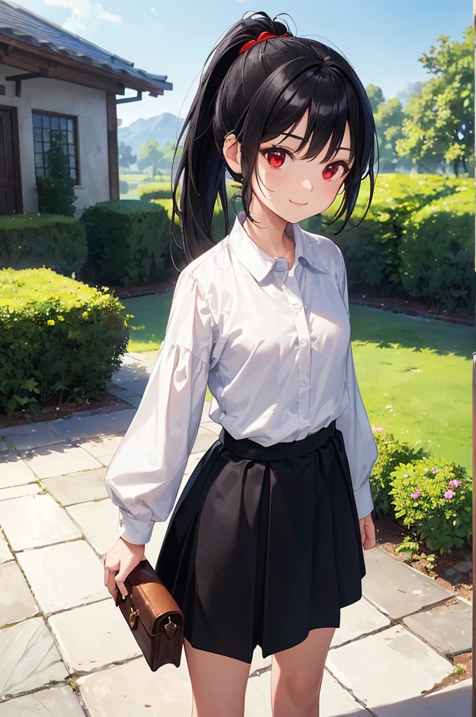 (masterpiece; best quality: 1.2), (finely detailed eyes: 1.3), ((10 year old female kid)), ((solo)), (red eyes: 1.4), (body; short, slender: 1.3), (black hair in ponytail: 1.3), (beautiful and clear background: 1.2), ((depth of field)), (clothes: wanderer mage attire + white wide-sleeve shirt + ankle-long black skirt + traveler pouches and satchel: 1.3), (anime illustration: 1.2), (background; garden exterior: 1.1), (extremely fine and beautiful: 1.1), (shot composition; standing + centered on torso + close-up: 1.???????pression; calm, smile: 1.2)