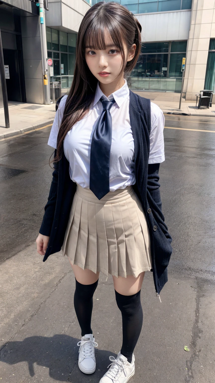 muste piece, best quality, illustration, Super detailed, fine details, High resolution, 8K,wall paper, perfect dynamic composition,(Details High quality, realistic depiction of eyes:1.3), facial features, has an extremely sexy body, with full breasts and a thin waist, and an extremely sexy body, skirt, socks, sneakers, shoes, white footwear, black socks, pleated skirt, kneehighs, white shirt, blue necktie, long sleeves, vest, collared shirt, ,has a bold look., ponytail, Long hair, black hair color, Big Natural Color Lip, perfect body shape, sexy pose, crying a little、Harajuku style、20 year old girl、cute type、ta, hposing Gravure Idol, full body photo、focus on crotch, huge breasts, (standing)