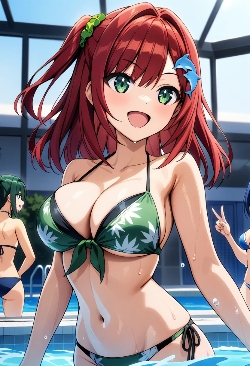 1girl, sakimiya iruka, dolphin wave, red hair, one side up, green scrunchie, hair ornament, green eyes,
bikini, smile,
pool,
masterpiece, best quality, very aesthetic, newest, cinematic lighting, highres, absurdres, incredibly absurdres,