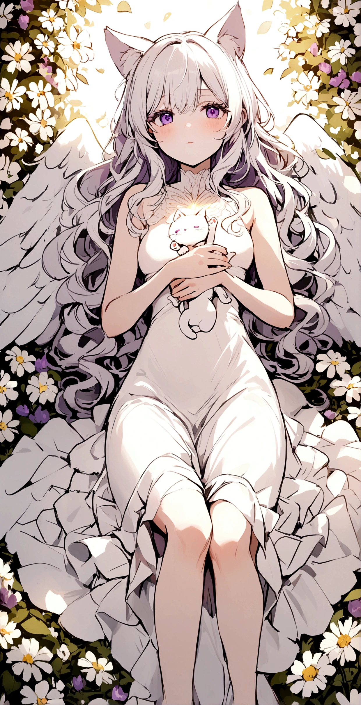 Embarrassing,Long Wavy Hair,White hair is very attractive, Detailed and precise manual work, Attractive girl, White cat ears,Purple eyes and white eyelashes,light in your eyes,Big angel wings,A subject that stands out in a flower field,Lying, White delicate dress, Hand-drawn illustration