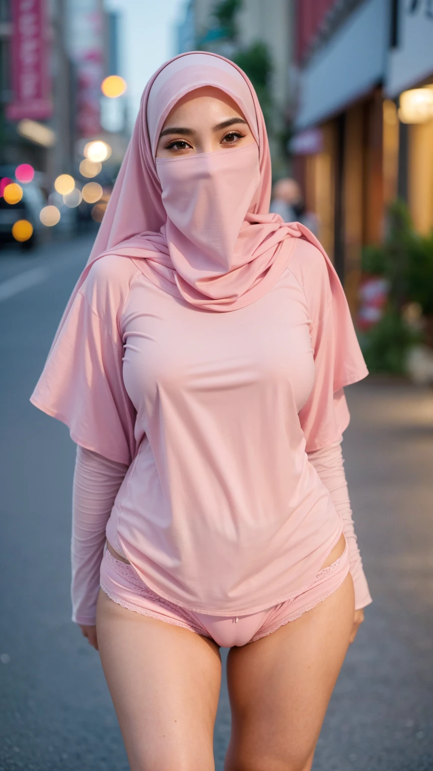 hd,high quality,4k,hyper realistic,masterpiece,((medium boobs)),((pink panties)),((tshirt)),((downtown)),low lighting,(()),((night time)),((standing)),detail,hijab,niqab,face cover niqab,purdah