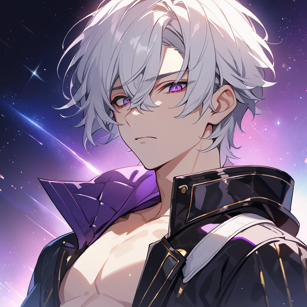 High quality, HD, 4k, no shadows, handsome male, 1male, 17 years old, teenager, golden lining, short white hair, sharp eyes, dark purple eyes, deep purple eyes, devil may cry, close up, calm expression, stoic expression, black leather clothes, lean body, well trained body, upper body, looking at viewer, cowboy shot, white solar, space background