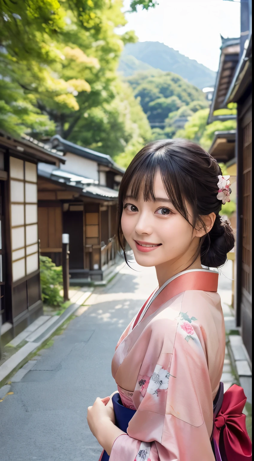 Professional Lighting,(Photorealistic:1.4), (Top image quality:1.0), (超A high resolution:1.0), 8K, Raw photography, (masterpiece:0.2), (Facing the children_v1:0.5)、(最高quality Detail:1.2)、Realistic、8K Ultra HD、High resolution、(1 girl:1.2)、超detailedな、High quality textures、複雑なdetailed、detailed、Very detailed CG、High quality shadows、detailed 美しく繊細な顔、Beautiful details and a delicate eye、(Symmetrical eyes:1.2),Written boundary depth、Ray Tracing,1 girl, Japanese Girls, (Natural smile:1.4),cute, thin, Portrait of a beautiful Japanese woman in a kimono, Standing elegantly on a street corner in Kyoto. Kimono with vibrant traditional patterns, Hair decorated with elegant and delicate hairpins, Gentle expression. (With the old streets of Kyoto in the background:1.4)、The soft light of a spring afternoon、Adding tranquility to the scene. Rendered in a Realistic style with great attention to detail, High resolutionの画像.Sky Porn, Magic Hour, (Realistic:1.3), finely, quality, (Tabletop:1.2), (Realistic:1.2), (最高quality), (複雑なdetailed), dramatic, Ray Tracing, photograph, +roller