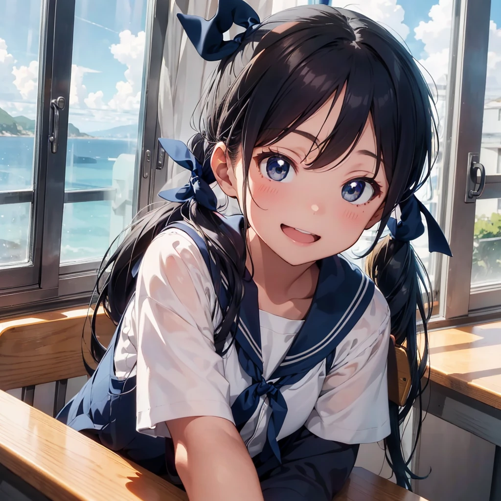 Highest quality, Very detailed, masterpiece, One Girl, Sitting in a chair Smiling, Open Mouth, 15yo, (low twintails:1.2), Low Pigtails, Black Hair, Long Hair, (Navy blue sailor suit with blue ribbon:1.4), Long sleeve, School desk, School Chair, classroom, from the front, Close up on face, First-person view, alone, window, distant cityscape, downhill, Sea in the back, 16 o'clock, Orange sky, anime,