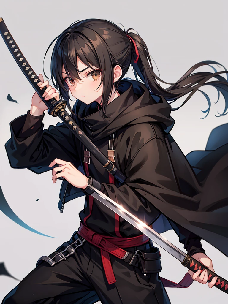 age boy, medium length black hair in a ponytail, brown eyes, black cloak, holding a katana