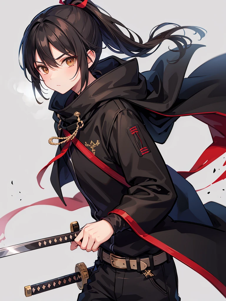 teenage boy, medium length black hair in a ponytail, brown eyes, black cloak, holding a katana