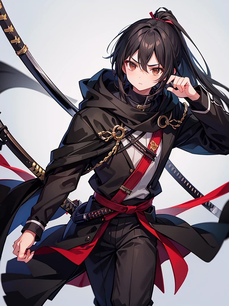 teenage boy, medium length black hair in a ponytail, brown eyes, black cloak, holding a katana