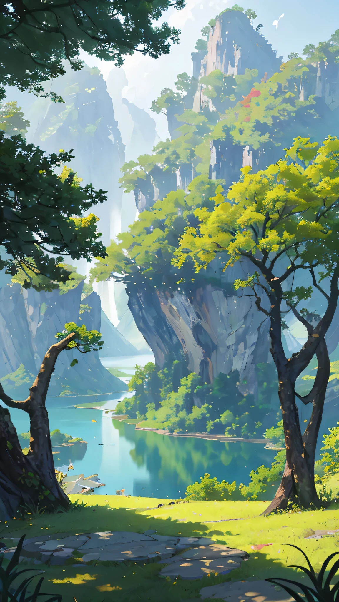 China、Half the sky、Autumn scenery、ginkgo leaf、jungle、lake,The tree、grassland、Rochas、hydrosphere、(Implications:1.0)、Epic Composition、Realistic lighting、High Definition Details、masterpiece、best quality,(Highly detailed CG Unity 8k wallpaper)
