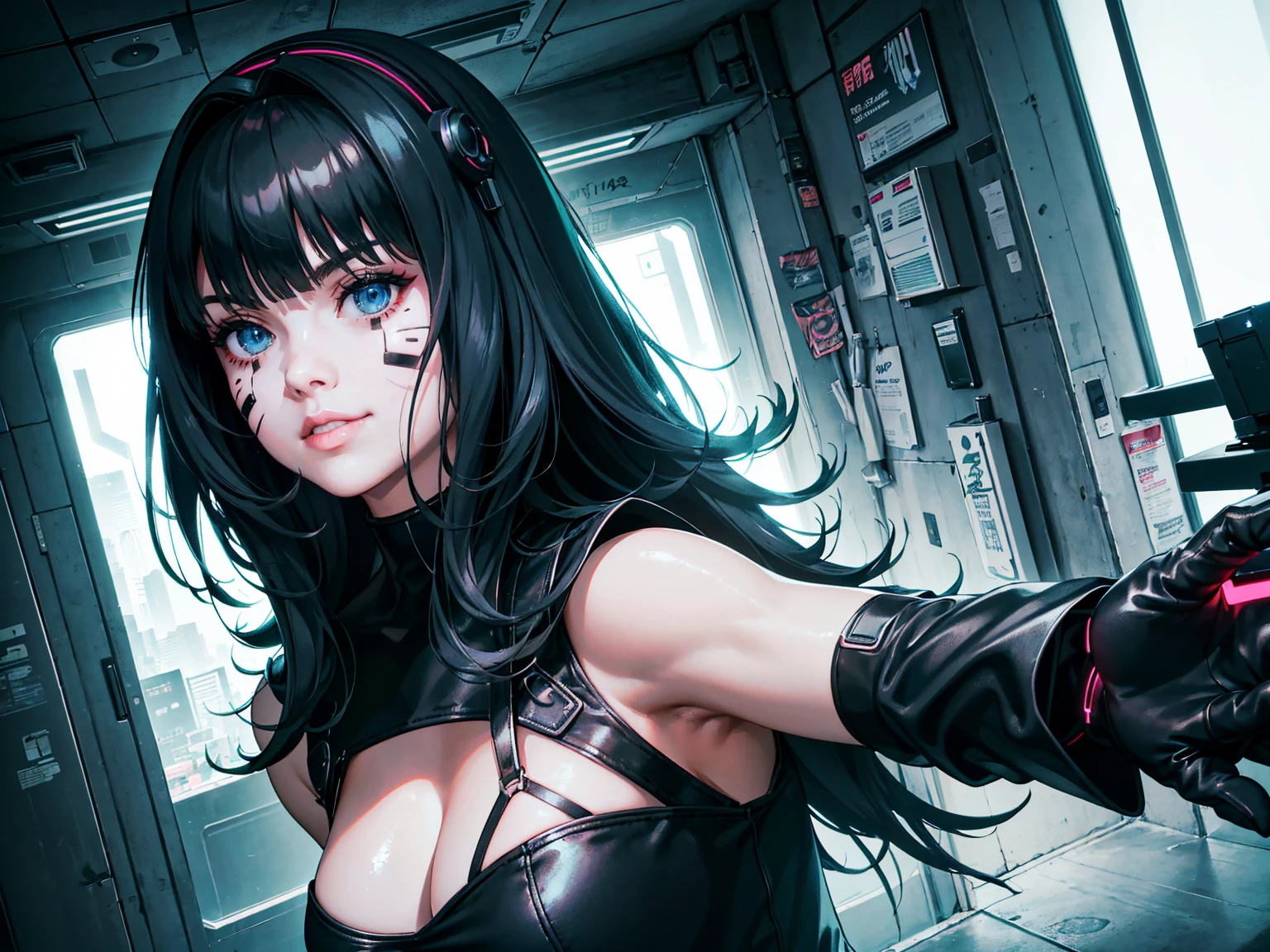 masterpiece, Best quality, (1 girl), (solo) (front facing), (upper body), (smile),(from front), (portrait), (night), (pose for picture), (dystopian city street), (large breast), (cleavage), (long hair),, black costume, black, gloves, dress boots, black gloves, puffy sleeves, black dress) (blak hairband),(cyberpunk costume), (green hair), (blue eyes), feather-trimmed sleeves anime, realistic, masterpiece, (bobcut, bangs), (A2 costume) (cyber_mark), ( facial mark), (cyberpunk suit), (j4nu4ryj0n3s cleavage), (demure), (dark room), (neon lights), (cyberpunk room), (focus on body), (look at front), (look at viewer)