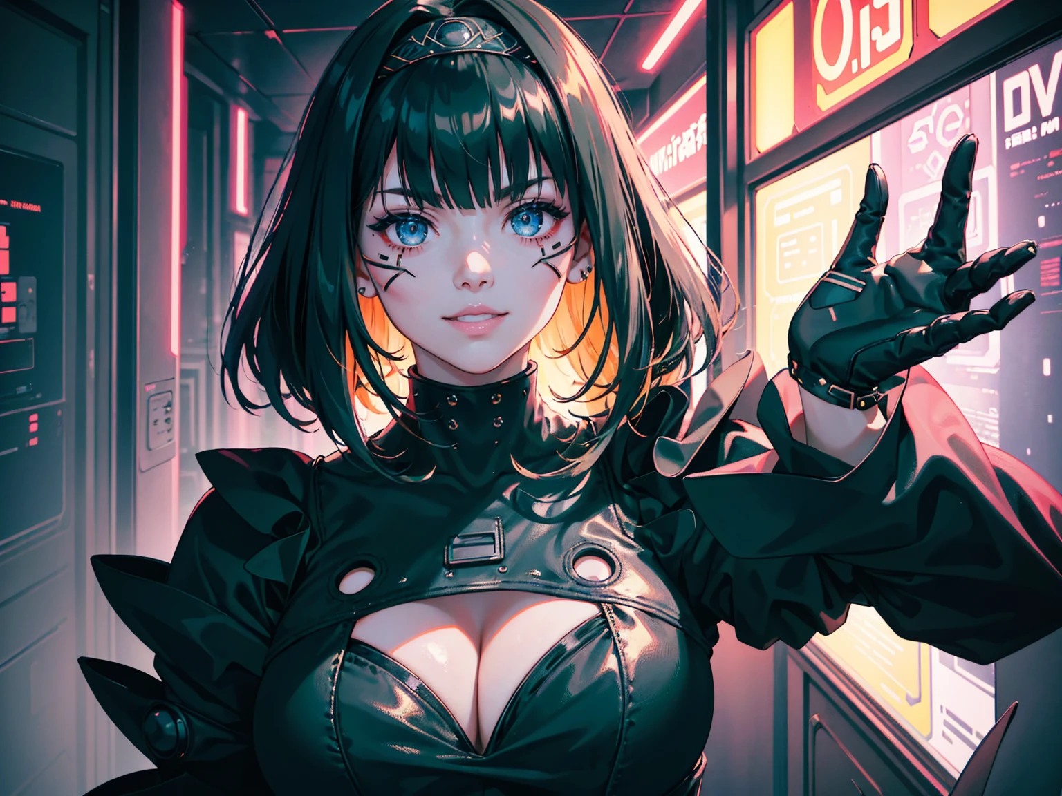 masterpiece, Best quality, (1 girl), (solo) (front facing), (upper body), (smile),(from front), (portrait), (night), (pose for picture), (dystopian city street), (large breast), (cleavage), (long hair),, black costume, black, gloves, dress boots, black gloves, puffy sleeves, black dress) (blak hairband),(cyberpunk costume), (green hair), (blue eyes), feather-trimmed sleeves anime, realistic, masterpiece, (bobcut, bangs), (A2 costume) (cyber_mark), ( facial mark), (cyberpunk suit), (j4nu4ryj0n3s cleavage), (demure), (dark room), (neon lights), (cyberpunk room), (focus on body), (look at front), (look at viewer)