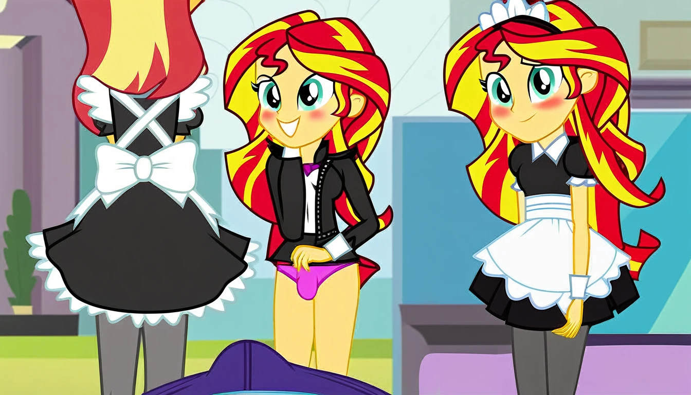 upskirt, duo focus, equestria girls, blushing, sunset shimmer, vagina in panties, smiling, butt, clothes, maid, panties, big butt, underwear, sunbutt, show accurate, vector, male pov, tenting, crotch bulge, erection in pants, offscreen male character